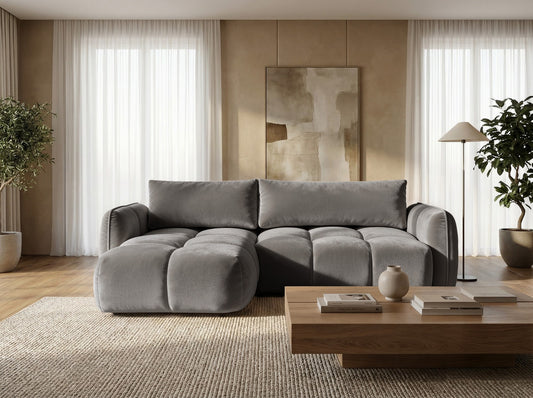 Ecksofa BELVEO mit Schlaffunktion und Bettkasten L-Form Ausrichtung Links Stoff Bluvel 14 Grau