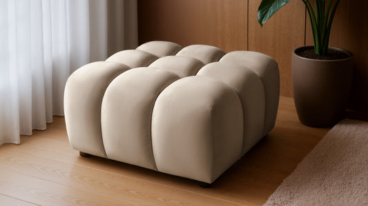 Design Sitzpouf Tondo 96x96 cm – Luxus-Hocker Samt Bluvel 28 Dunkelbeige – Moderner Bubble-Look – Premium Polsterhocker mit HR-Schaum