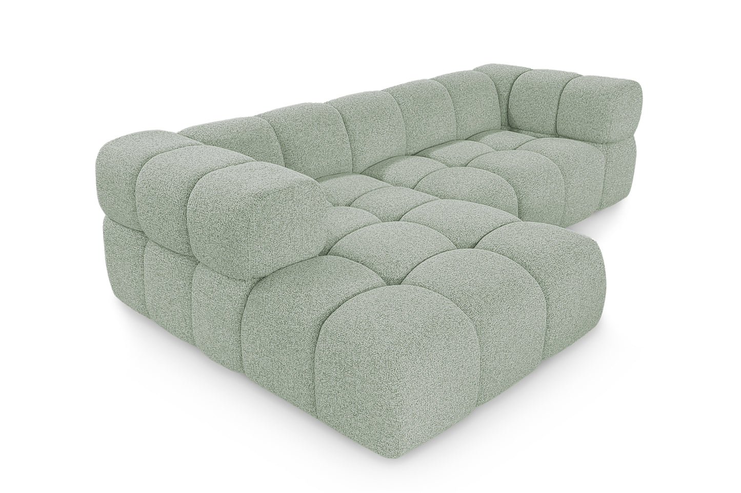 Ecksofa AVERRO 280x150 cm Puente 33 Salbeigrün Ottomane Links – Modernes Bubble-Sofa mit weichem Chenille-Strukturstoff