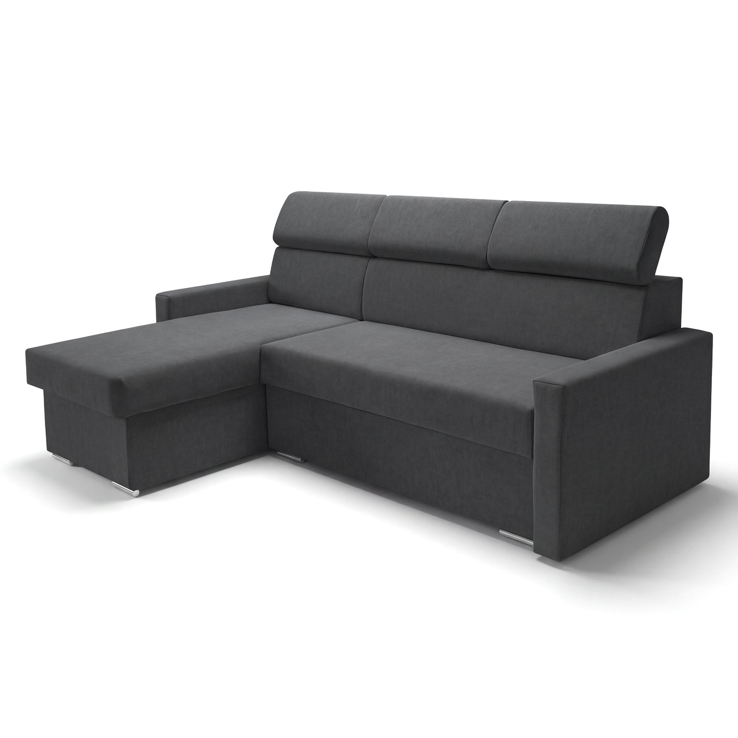 Ecksofa Vega L mit Schlaffunktion & Bettkasten – Samtstoff Best Graphit – Zero-Wall Design Wandbündig – L-Form Sofa Freistehend Graphit