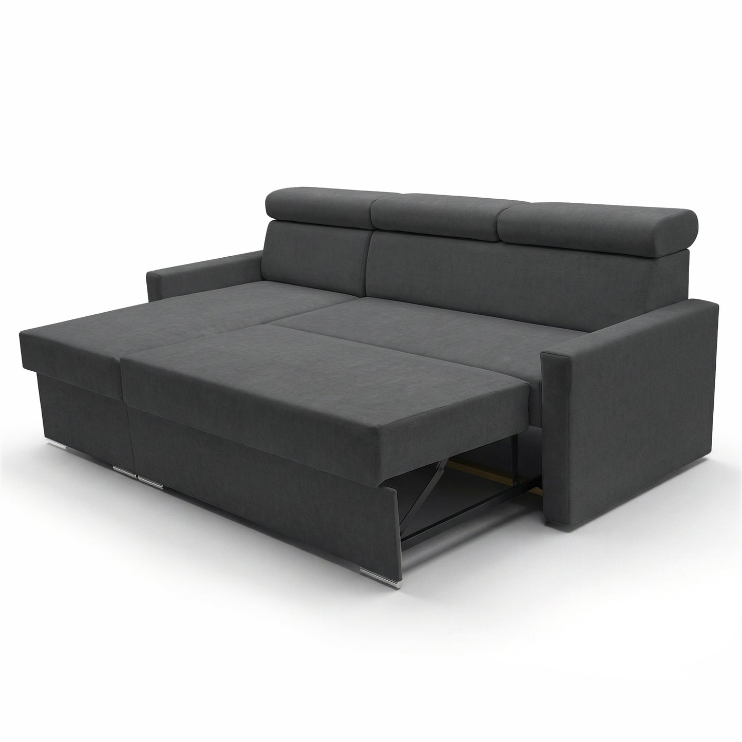 Ecksofa Vega L mit Schlaffunktion & Bettkasten – Samtstoff Best Graphit – Zero-Wall Design Wandbündig – L-Form Sofa Freistehend Graphit