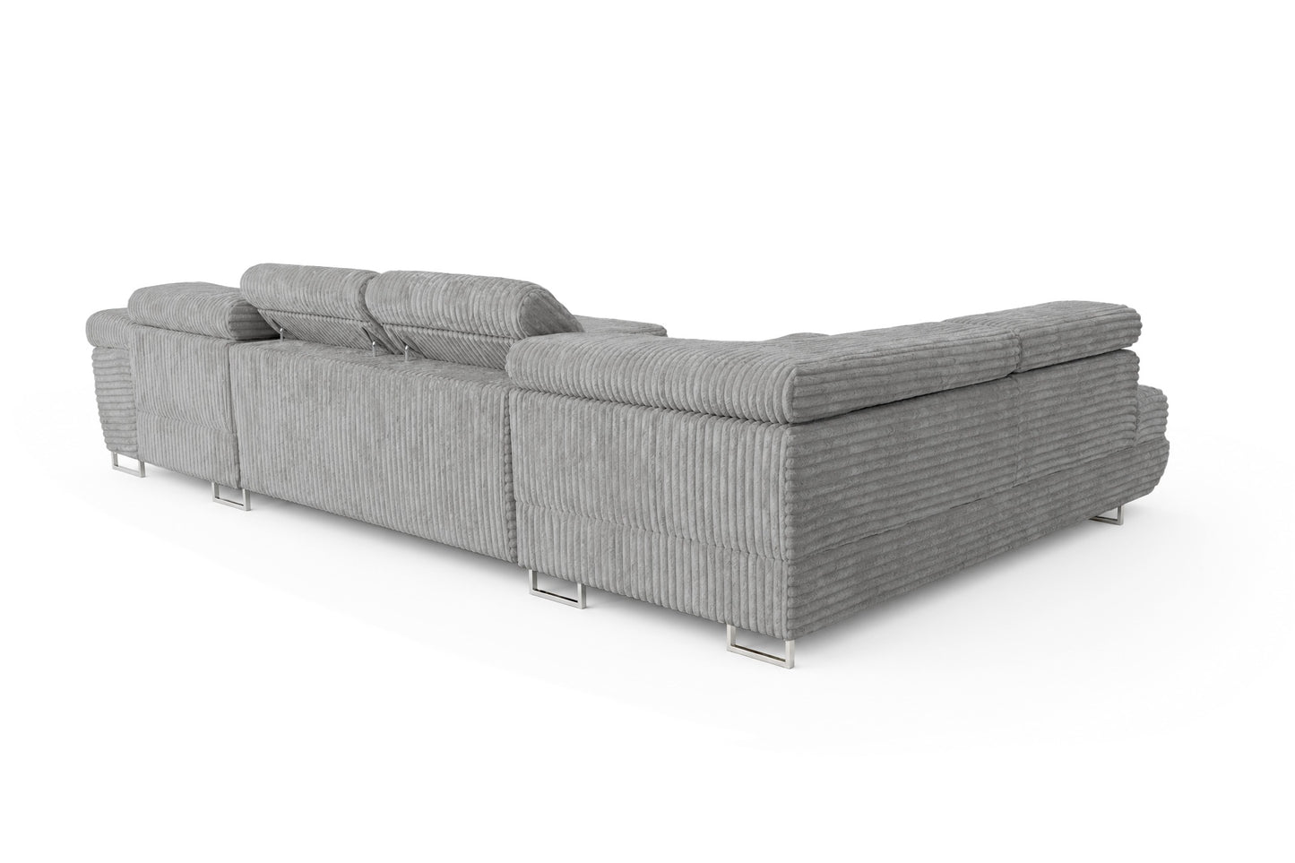 Wohnlandschaft Cordo U XXL U-Form Sofa mit Schlaffunktion & 2 Bettkästen – Breitcord Tilia Hellgrau– Ottomane Links