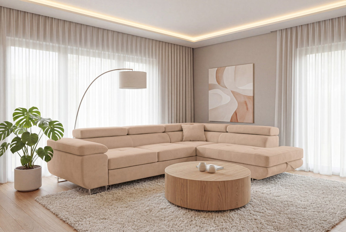 Ecksofa Luca L-Form Beige Stoff Element 06 Rechte Ottomane mit Schlaffunktion & Bettkasten