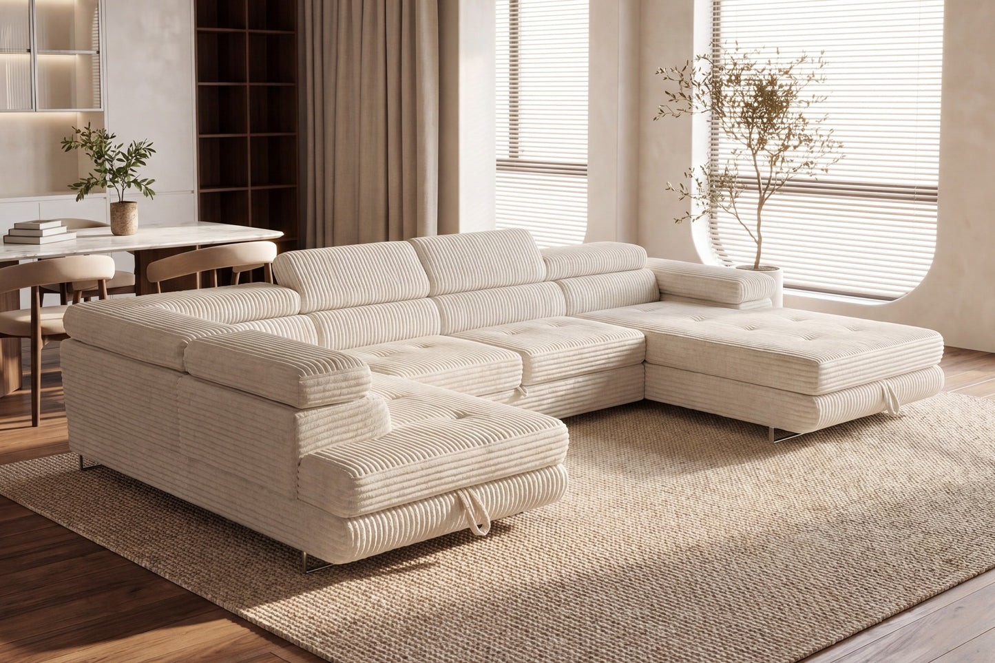 Wohnlandschaft Cordo U XXL U-förmiges Sofa mit Schlaffunktion & 2 Bettkästen – Breitcord Tilia Creme – Ottomane links