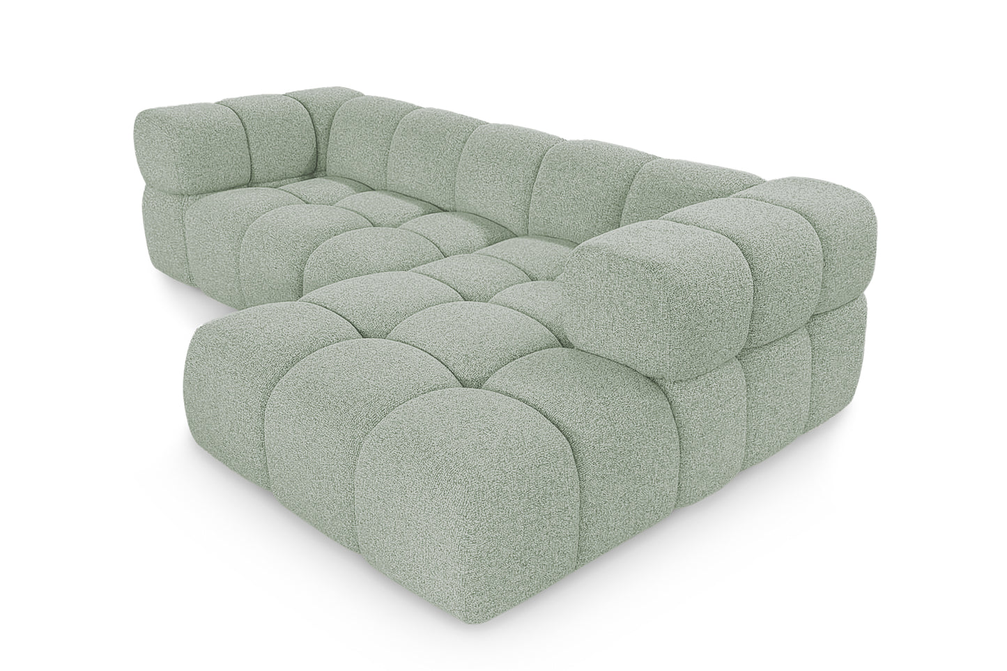 Ecksofa AVERRO 280x150 cm Puente 33 Salbeigrün Ottomane RECHTS – Modernes Bubble-Sofa mit weichem Chenille-Strukturstoff