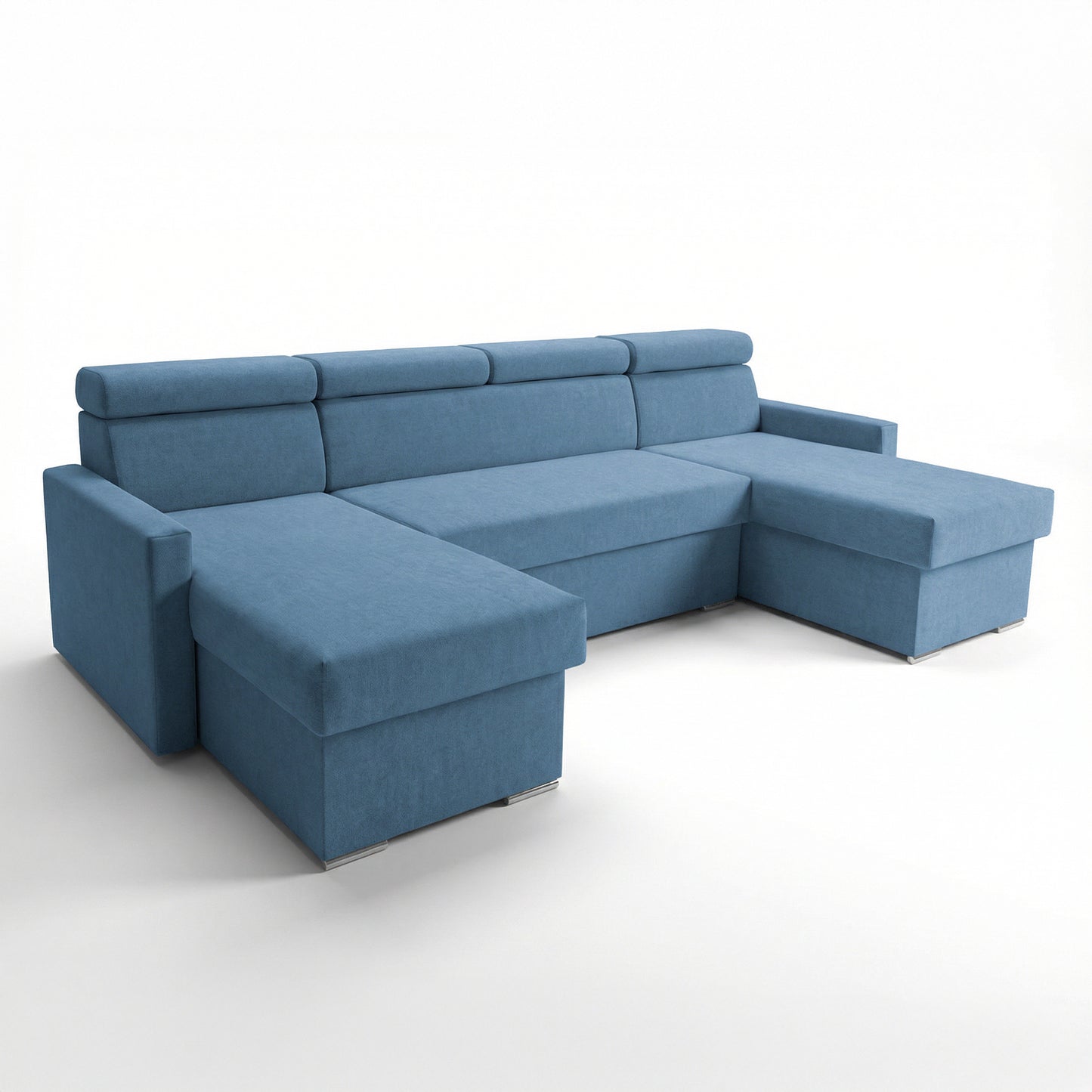 Vega U Ecksofa nach Maß | Breite anpassbar | Schlaffunktion 2 Bettkästen U-Form verstellbare Kopfstützen Samtstoff Best 305x151 cm (Blau)