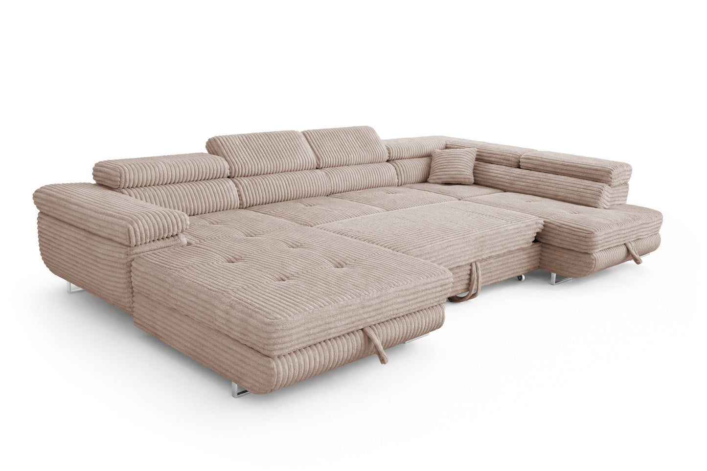 Wohnlandschaft Cordo U XXL U-förmiges Sofa mit Schlaffunktion & 2 Bettkästen – Breitcord Tilia Beige – Ottomane Rechts