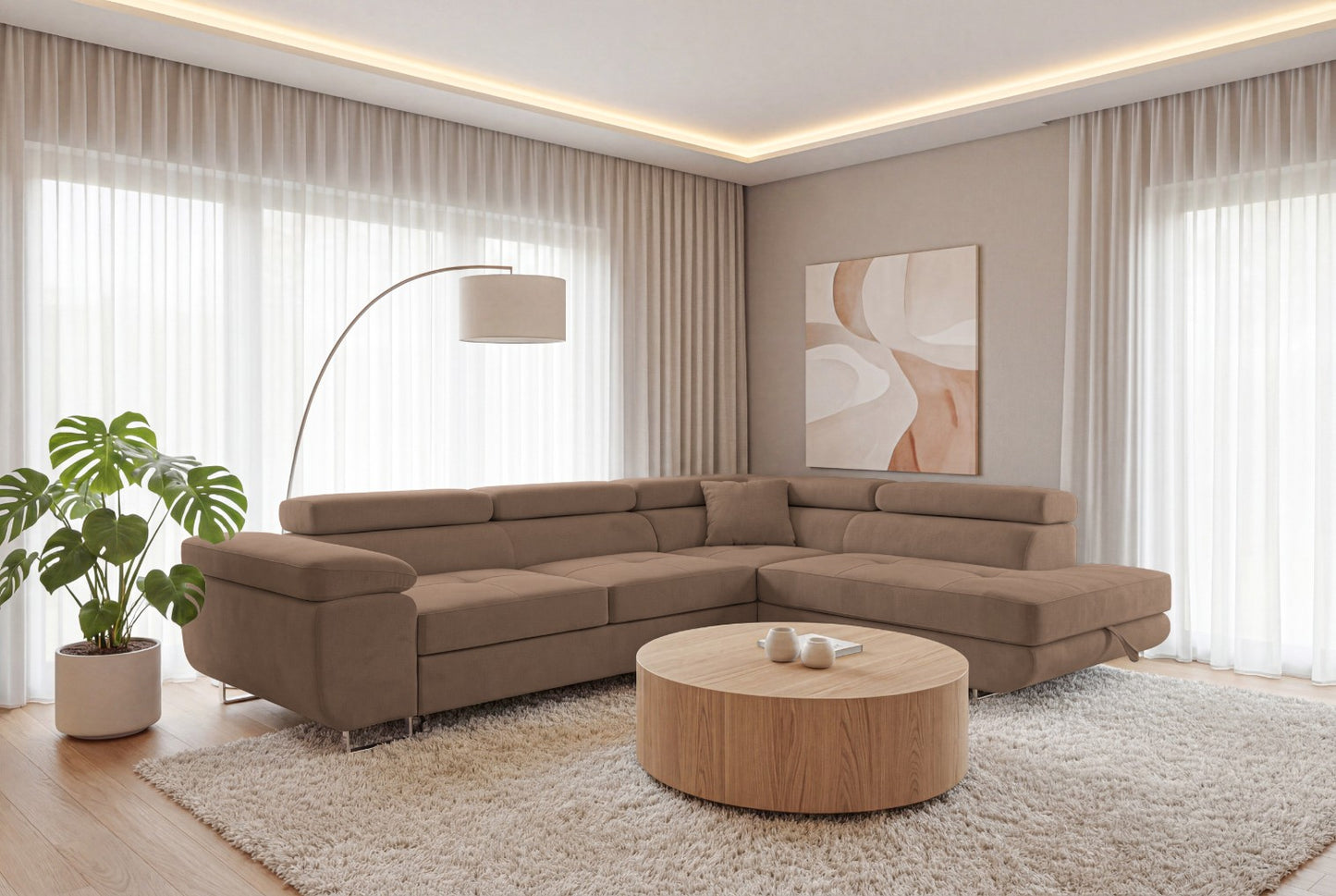 Ecksofa Luca L-Form Braun Stoff Element 05 Rechte Ottomane mit Schlaffunktion & Bettkasten
