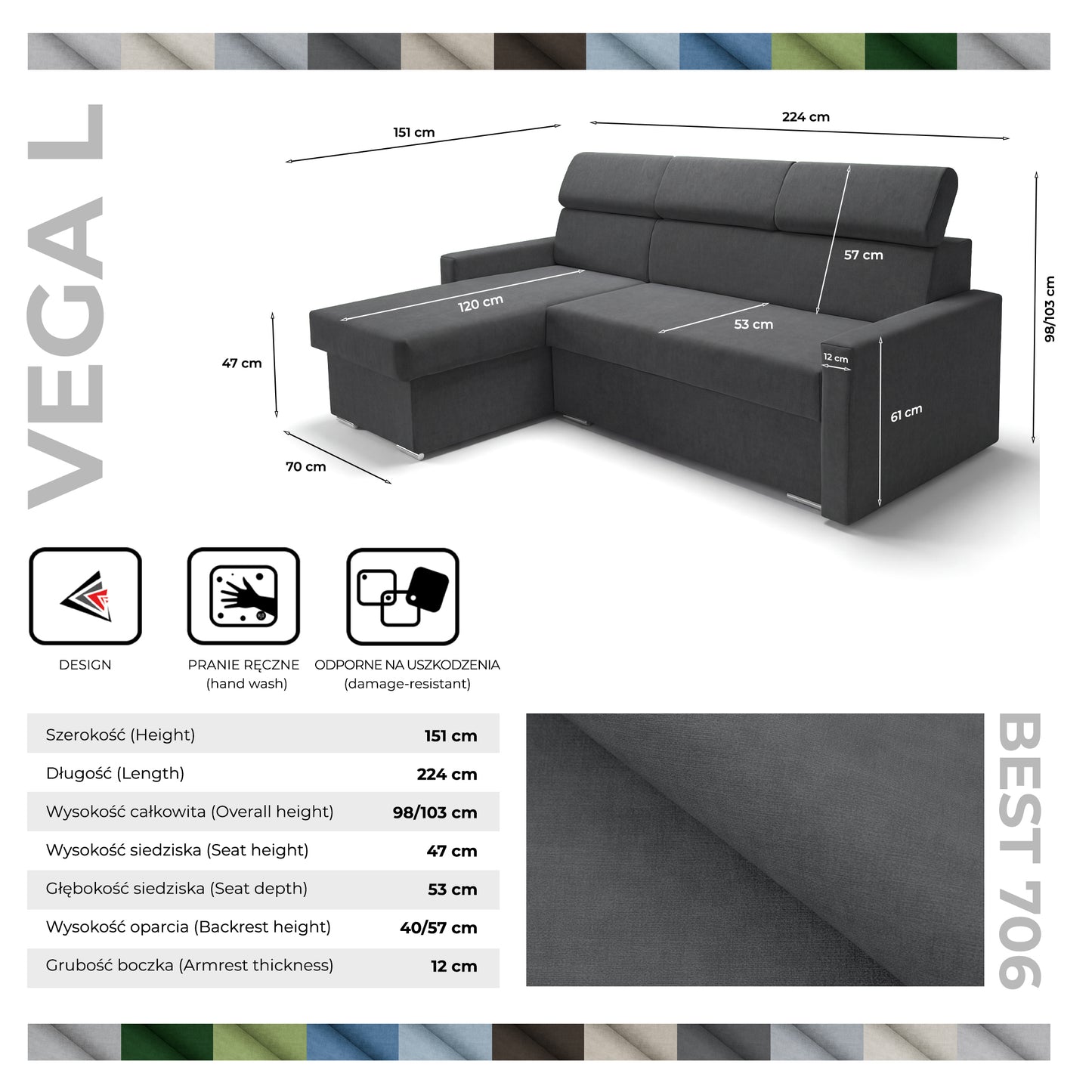 Ecksofa Vega L mit Schlaffunktion & Bettkasten – Samtstoff Best Graphit – Zero-Wall Design Wandbündig – L-Form Sofa Freistehend Graphit