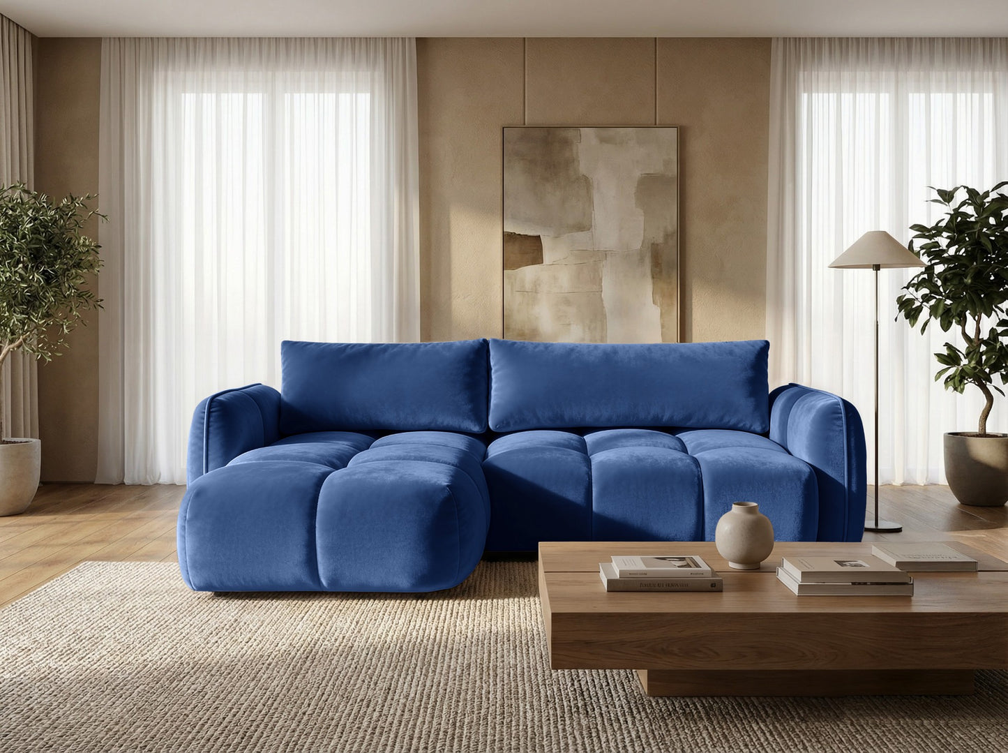 Ecksofa BELVEO mit Schlaffunktion und Bettkasten L-Form Ausrichtung Links Stoff Bluvel 86 Dunkelblau