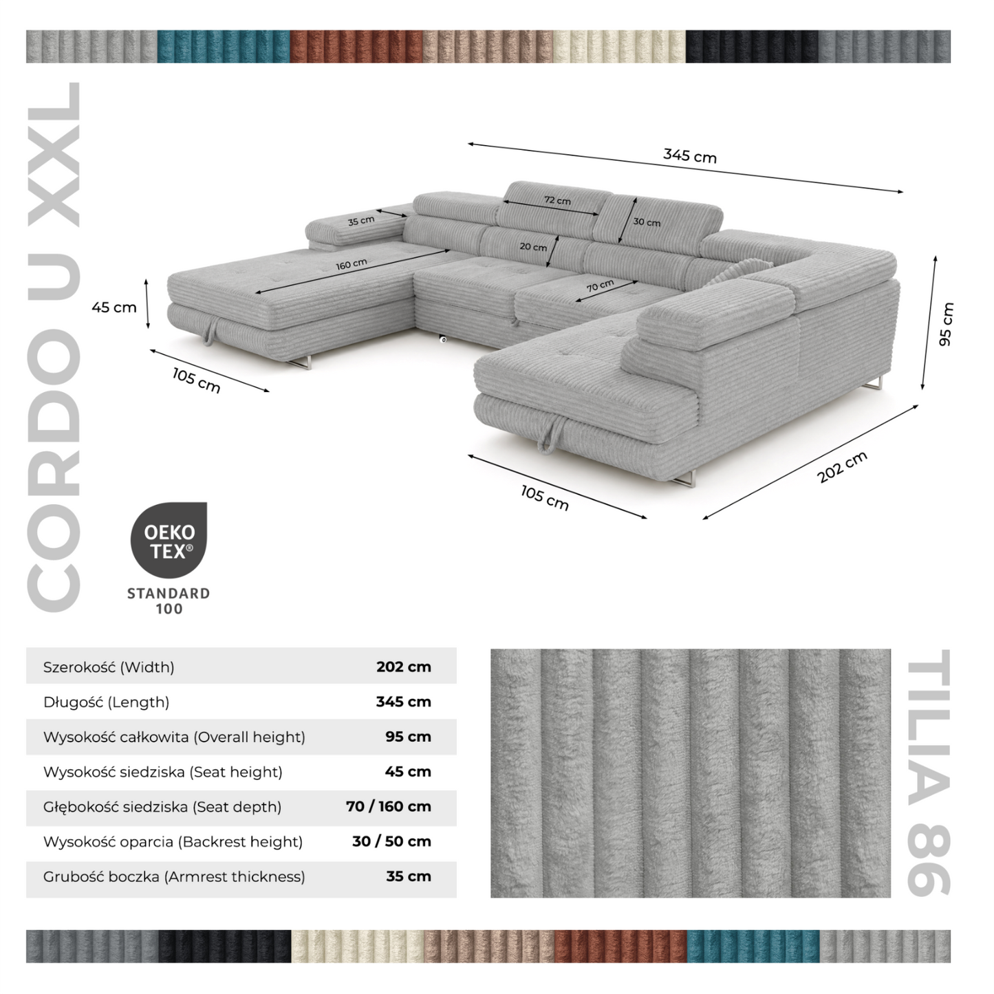 Wohnlandschaft Cordo U XXL U-Form Sofa mit Schlaffunktion & 2 Bettkästen – Breitcord Tilia Hellgrau– Ottomane Rechts