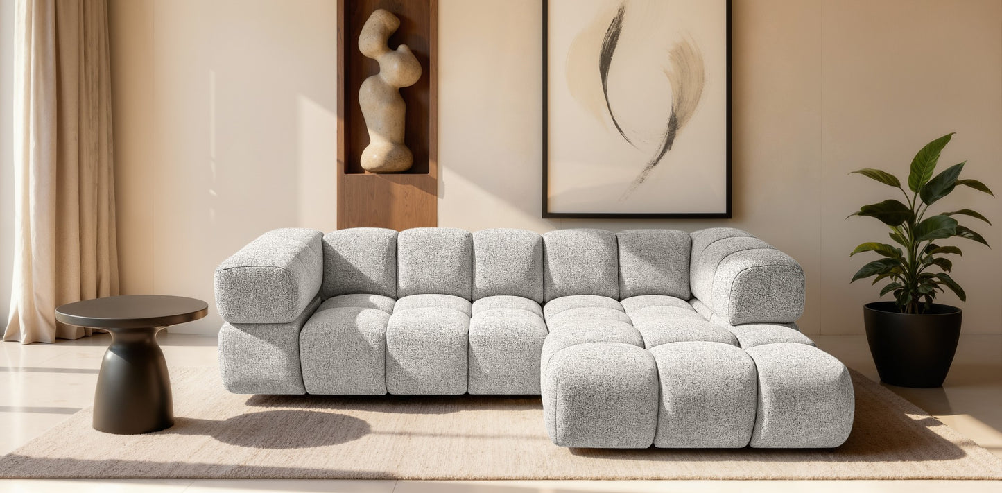 Ecksofa AVERRO 280x150 cm Puente 09 Beigegrau Ottomane RECHTS – Modernes Bubble-Sofa mit weichem Chenille-Strukturstoff