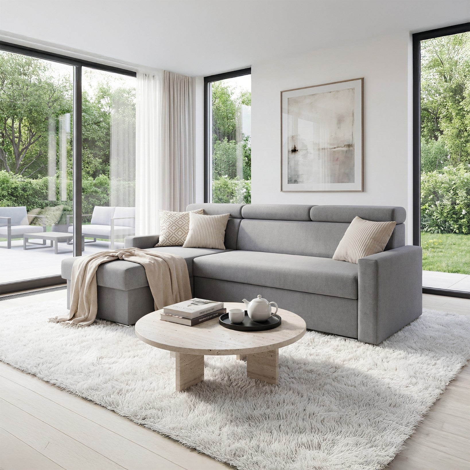 Ecksofa Vega L mit Schlaffunktion & Bettkasten – Samtstoff Best Stahlfarbe – Zero-Wall Design Wandbündig – L-Form Sofa Freistehend