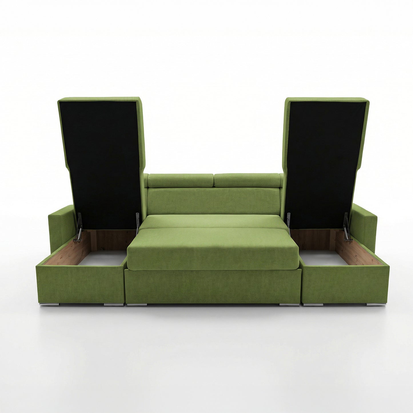 Vega U Ecksofa nach Maß | Breite anpassbar | Schlaffunktion 2 Bettkästen U-Form verstellbare Kopfstützen Samtstoff Best 305x151 cm (Grün)