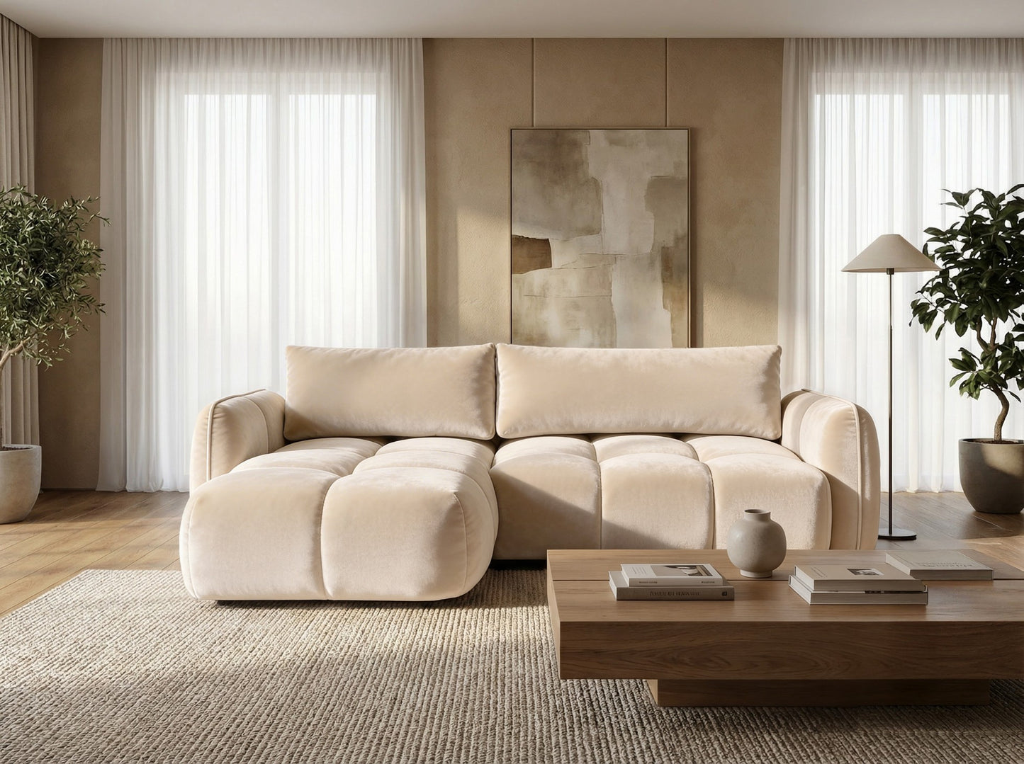 Ecksofa BELVEO mit Schlaffunktion und Bettkasten L-Form Ausrichtung Links Stoff Bluvel 22 Beige