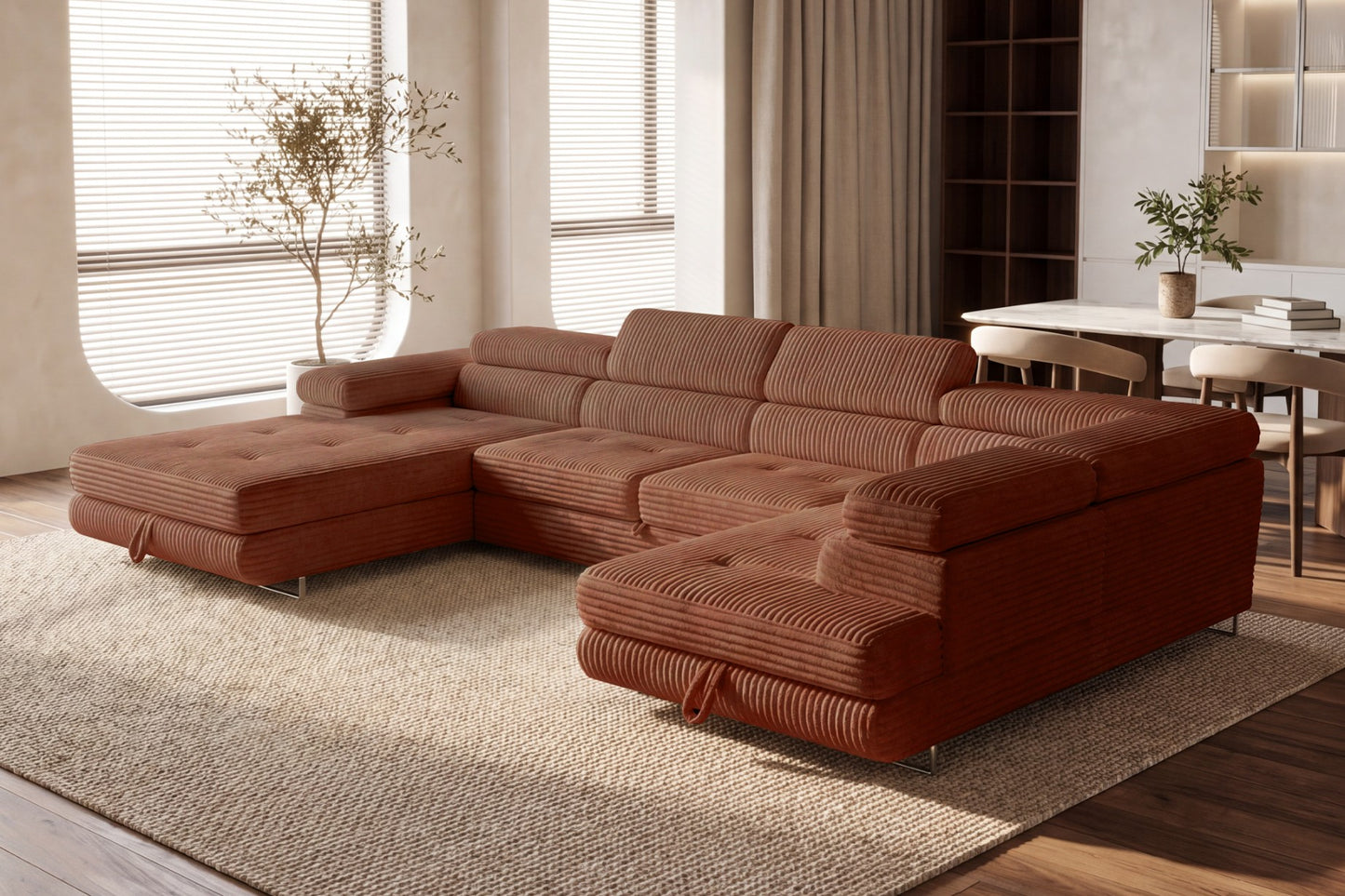 Wohnlandschaft Cordo U XXL U-Form Sofa mit Schlaffunktion & 2 Bettkästen – Breitcord Tilia Terrakotta– Ottomane Rechts