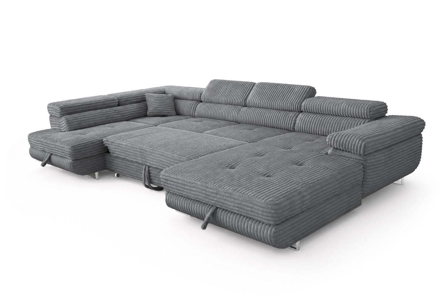 Wohnlandschaft Cordo U XXL U-Form Sofa mit Schlaffunktion & 2 Bettkästen – Breitcord Tilia Grau– Ottomane Links