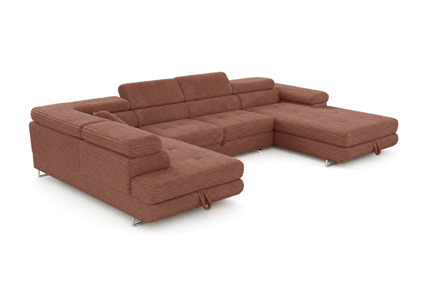 Wohnlandschaft Cordo U XXL U-Form Sofa mit Schlaffunktion & 2 Bettkästen – Breitcord Tilia Terrakotta– Ottomane Links