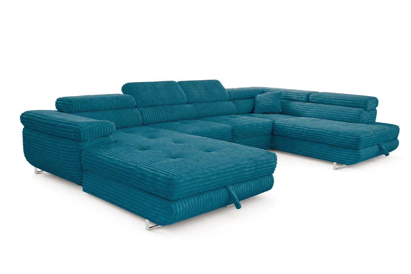 Wohnlandschaft Cordo U XXL U-Form Sofa mit Schlaffunktion & 2 Bettkästen – Breitcord Tilia Türkis– Ottomane Rechts
