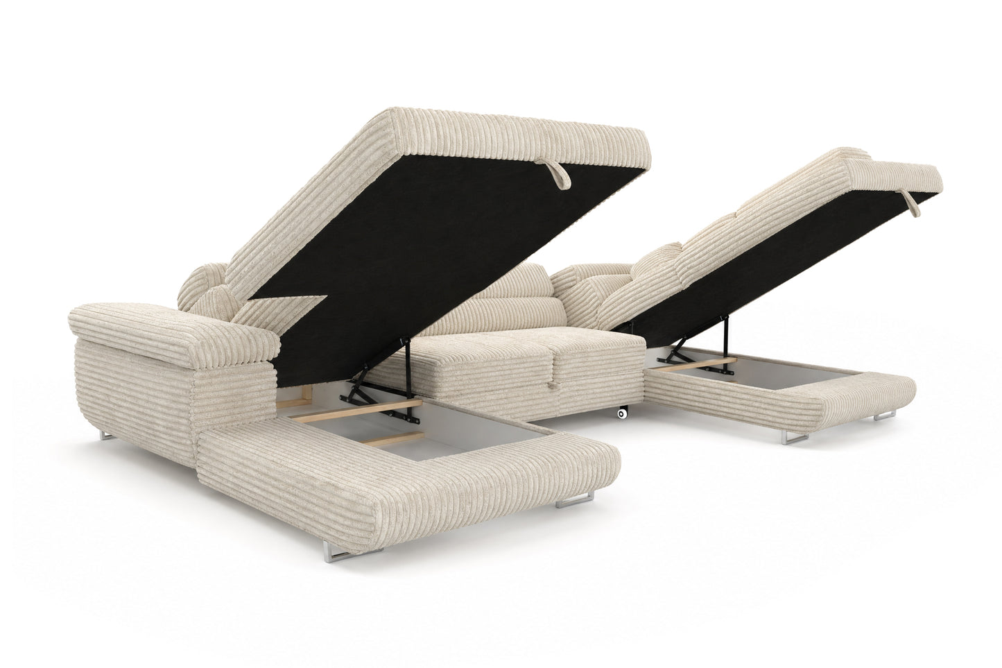 Wohnlandschaft Cordo U XXL U-Form Sofa mit Schlaffunktion & 2 Bettkästen – Breitcord Tilia Creme– Ottomane Rechts