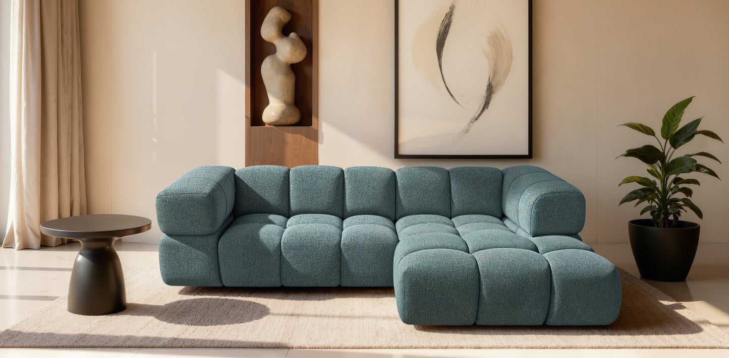 Ecksofa AVERRO 280x150 cm Puente 37 Dunkelgrün Ottomane RECHTS – Modernes Bubble-Sofa mit weichem Chenille-Strukturstoff
