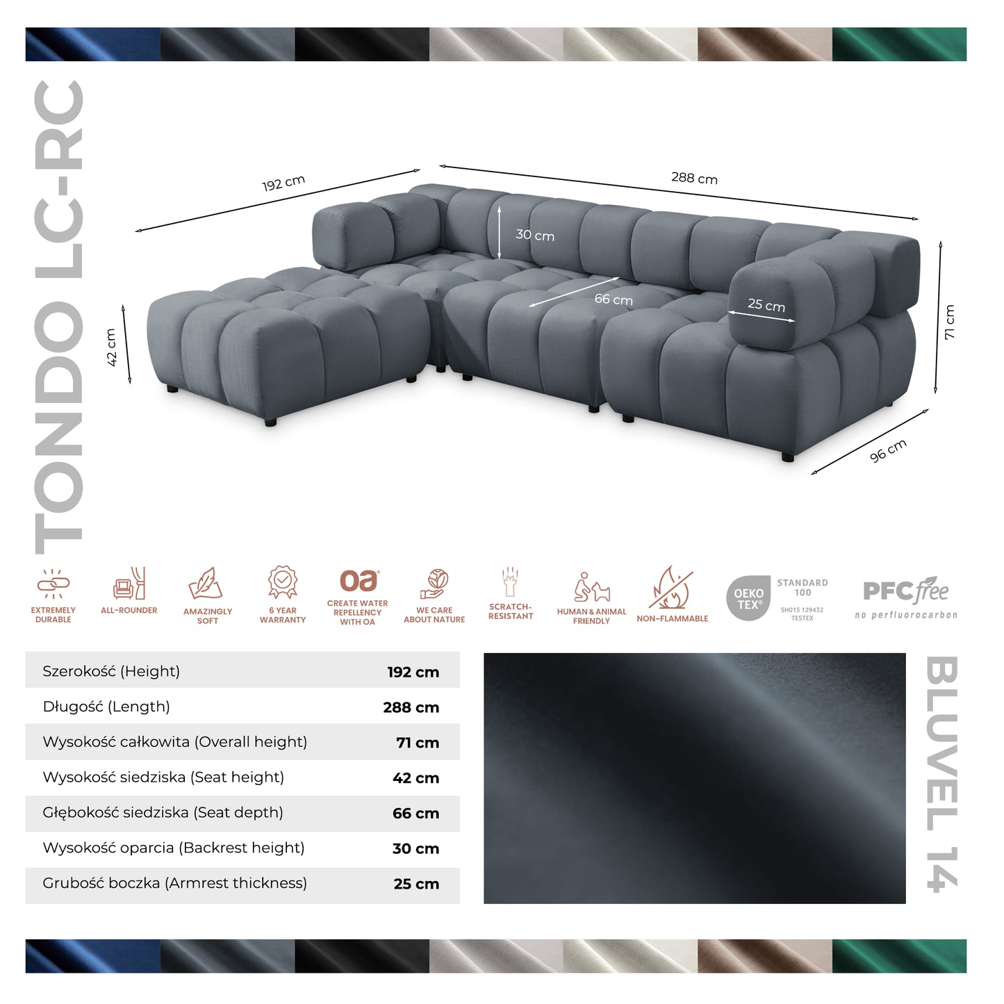 Ecksofa TONDO LC/RC 192x288cm Bluvel 14 Grau