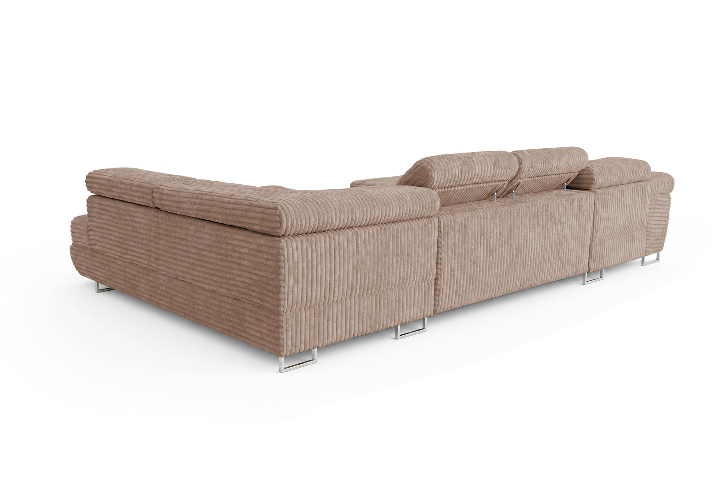 Wohnlandschaft Cordo U XXL U-förmiges Sofa mit Schlaffunktion & 2 Bettkästen – Breitcord Tilia Beige – Ottomane Rechts