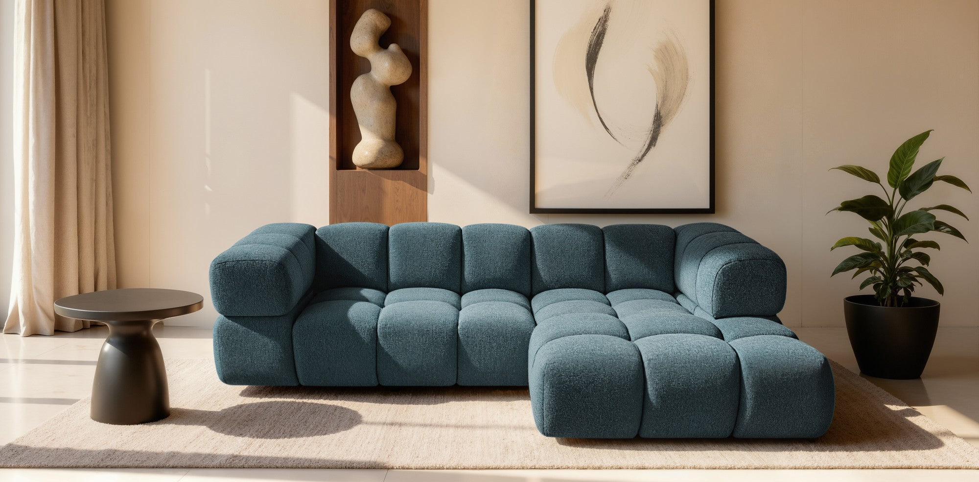 Ecksofa AVERRO 280x150 cm Puente 39 Petrolblau Ottomane RECHTS – Modernes Bubble-Sofa mit weichem Chenille-Strukturstoff