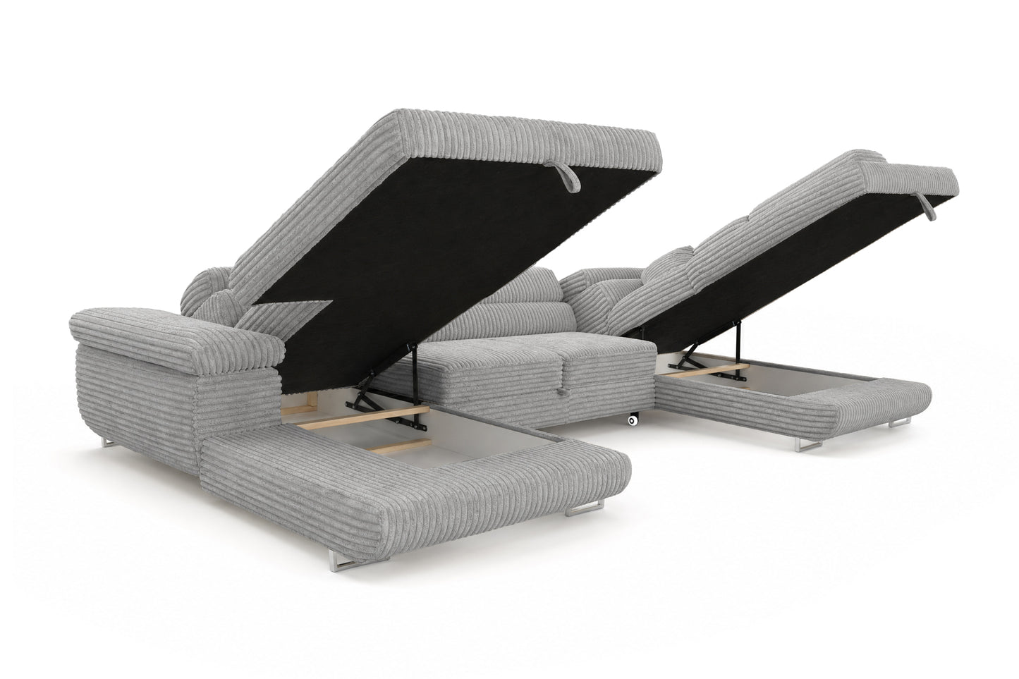 Wohnlandschaft Cordo U XXL U-Form Sofa mit Schlaffunktion & 2 Bettkästen – Breitcord Tilia Hellgrau– Ottomane Rechts