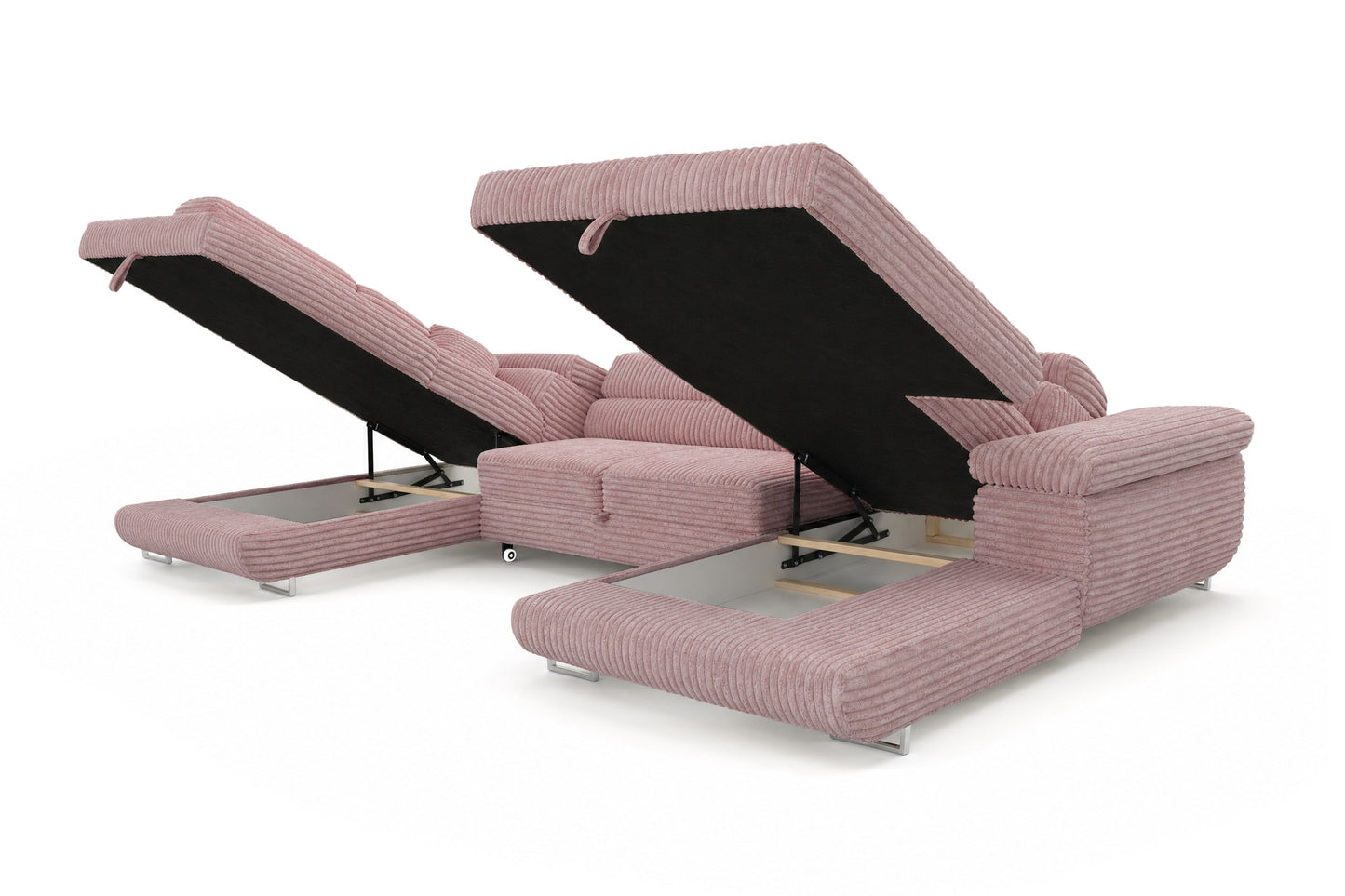 Wohnlandschaft Cordo U XXL U-Form Sofa mit Schlaffunktion & 2 Bettkästen – Breitcord Tilia Altrosa– Ottomane Links