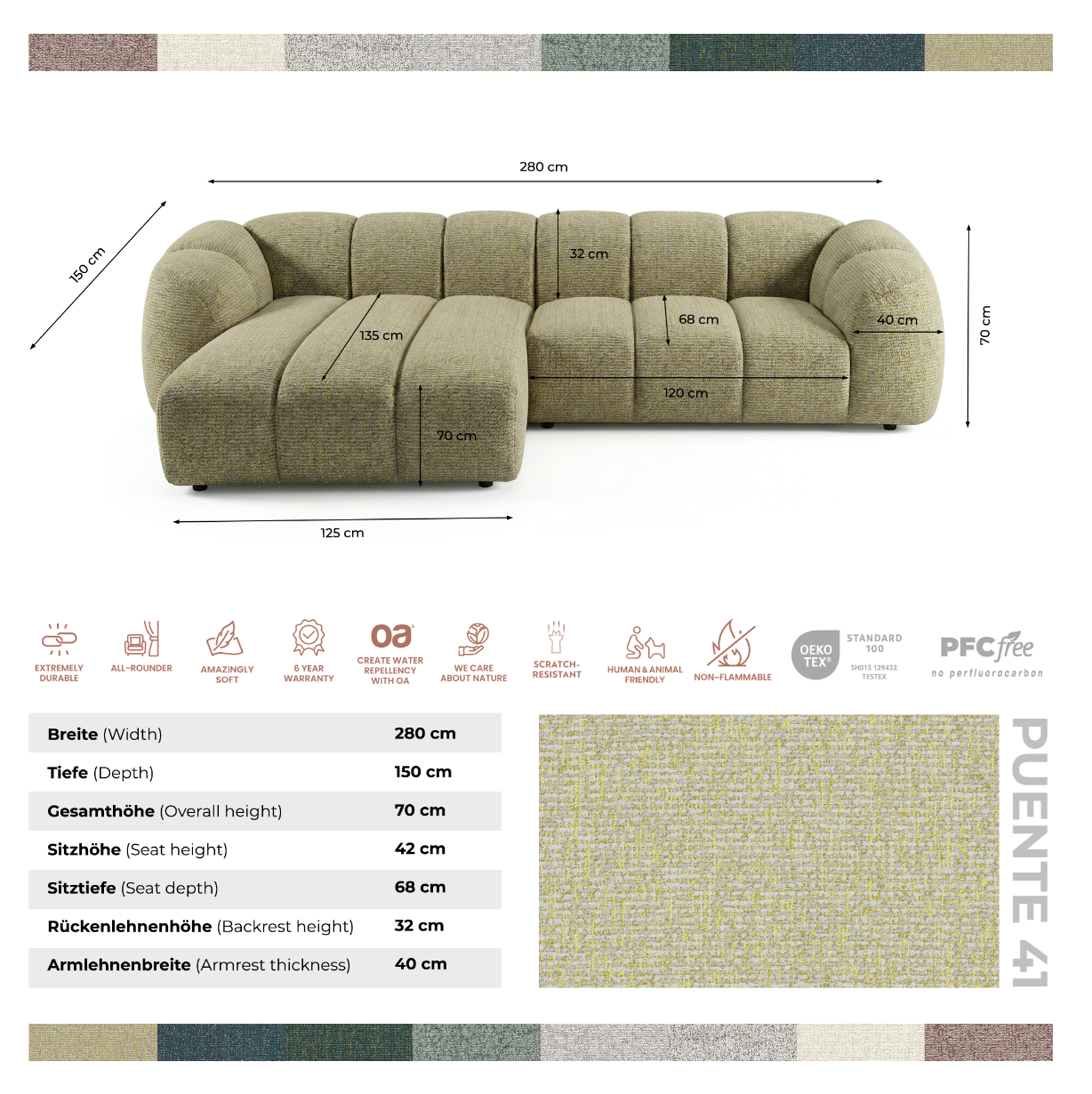 Mali Design Ecksofa 280x150 cm | L-förmige Couch aus Premium Puente-Strukturstoff | 41 Senfgelb | Ottomane links