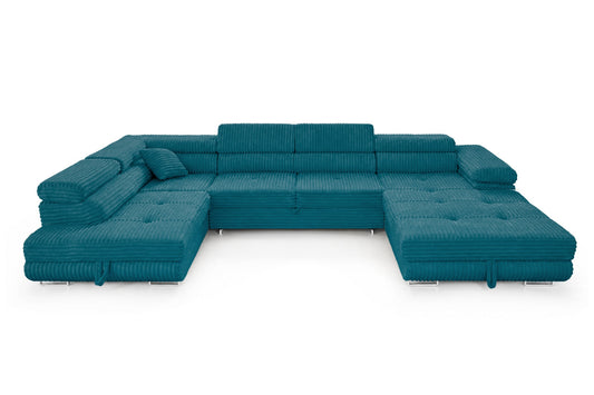 Wohnlandschaft Cordo U XXL U-förmiges Sofa mit Schlaffunktion & 2 Bettkästen – Breitcord Tilia Türkis – Ottomane Links