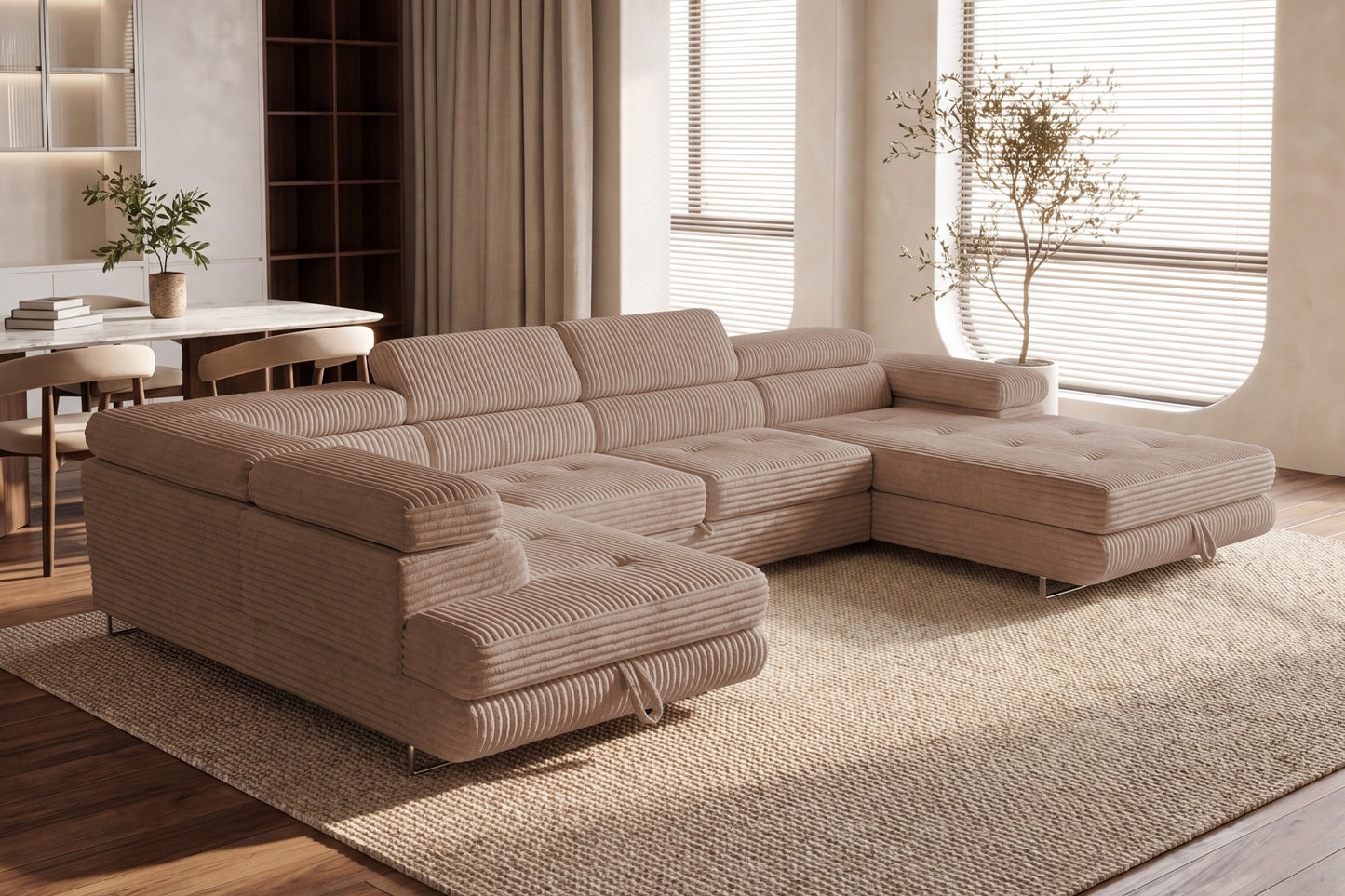 Wohnlandschaft Cordo U XXL U-Form Sofa mit Schlaffunktion & 2 Bettkästen – Breitcord Tilia Beige– Ottomane Links