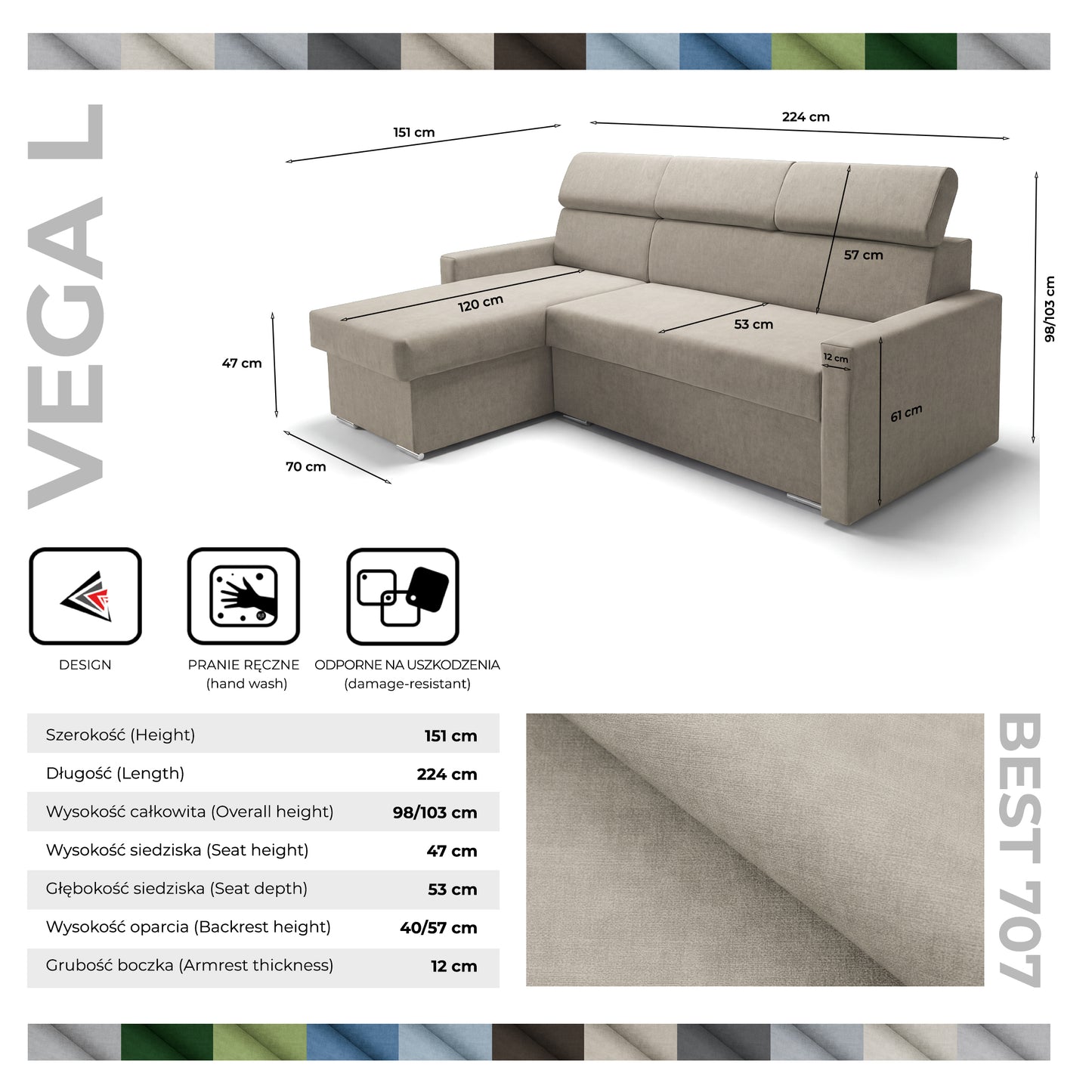 Ecksofa Vega L mit Schlaffunktion & Bettkasten – Samtstoff Best Beige– Zero-Wall Design Wandbündig – L-Form Sofa Freistehend