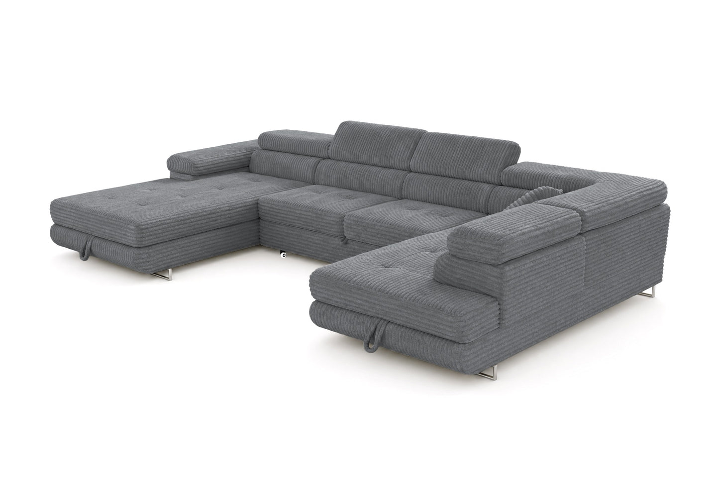 Wohnlandschaft Cordo U XXL U-Form Sofa mit Schlaffunktion & 2 Bettkästen – Breitcord Tilia Grau– Ottomane Links