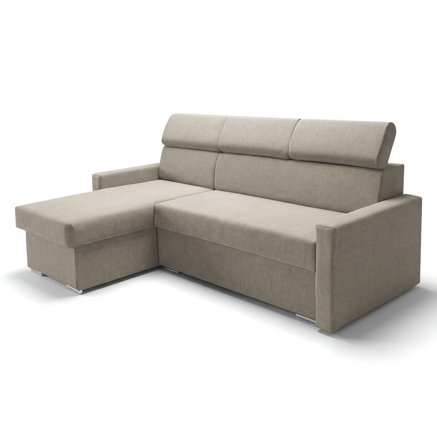 Ecksofa Vega L mit Schlaffunktion & Bettkasten – Samtstoff Best Beige– Zero-Wall Design Wandbündig – L-Form Sofa Freistehend