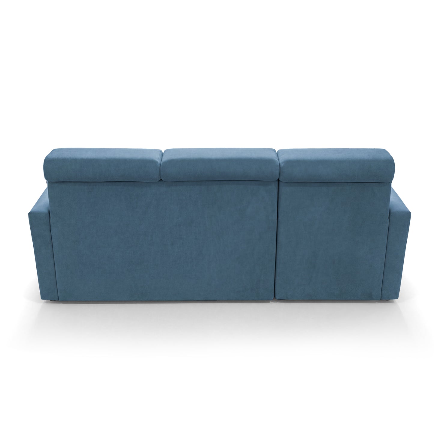 Ecksofa Vega L mit Schlaffunktion & Bettkasten – Samtstoff Best Blau – Zero-Wall Design Wandbündig – L-Form Sofa Freistehend