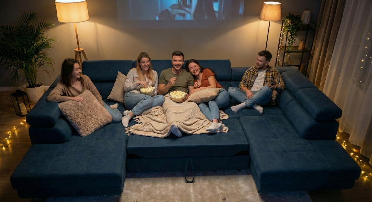 Wohnlandschaft Aller Moon U XXL-Ecksofa mit Schlaffunktion und zwei Bettkästen. (Dunkelblau, Rechts)