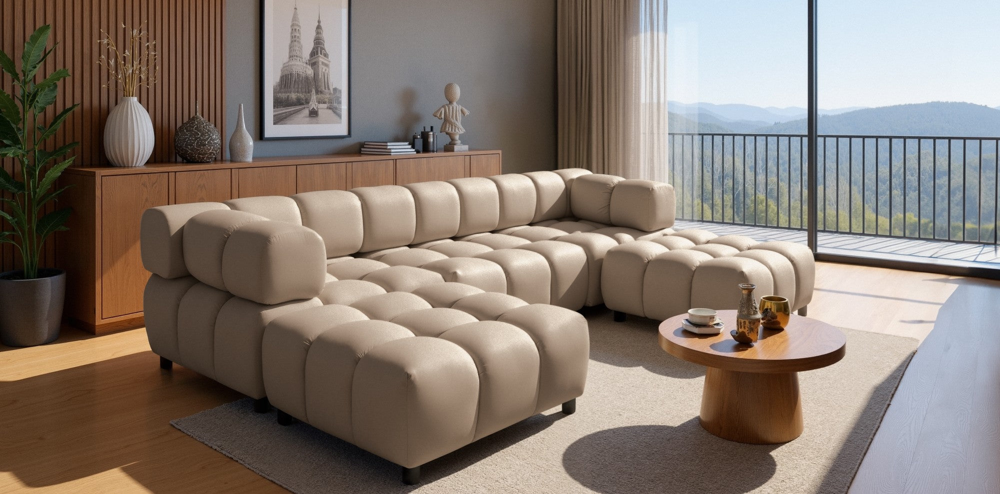 Exklusive Wohnlandschaft Tondo U 192x288 cm – Designer-Sofa Samt Bluvel 28 Dunkelbeige – Modernes Bubble-Design & HR-Schaum Komfort