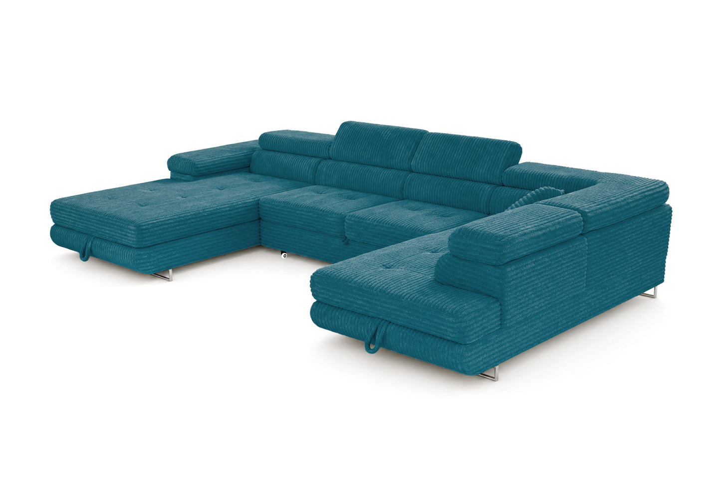 Wohnlandschaft Cordo U XXL U-Form Sofa mit Schlaffunktion & 2 Bettkästen – Breitcord Tilia Türkis– Ottomane Rechts