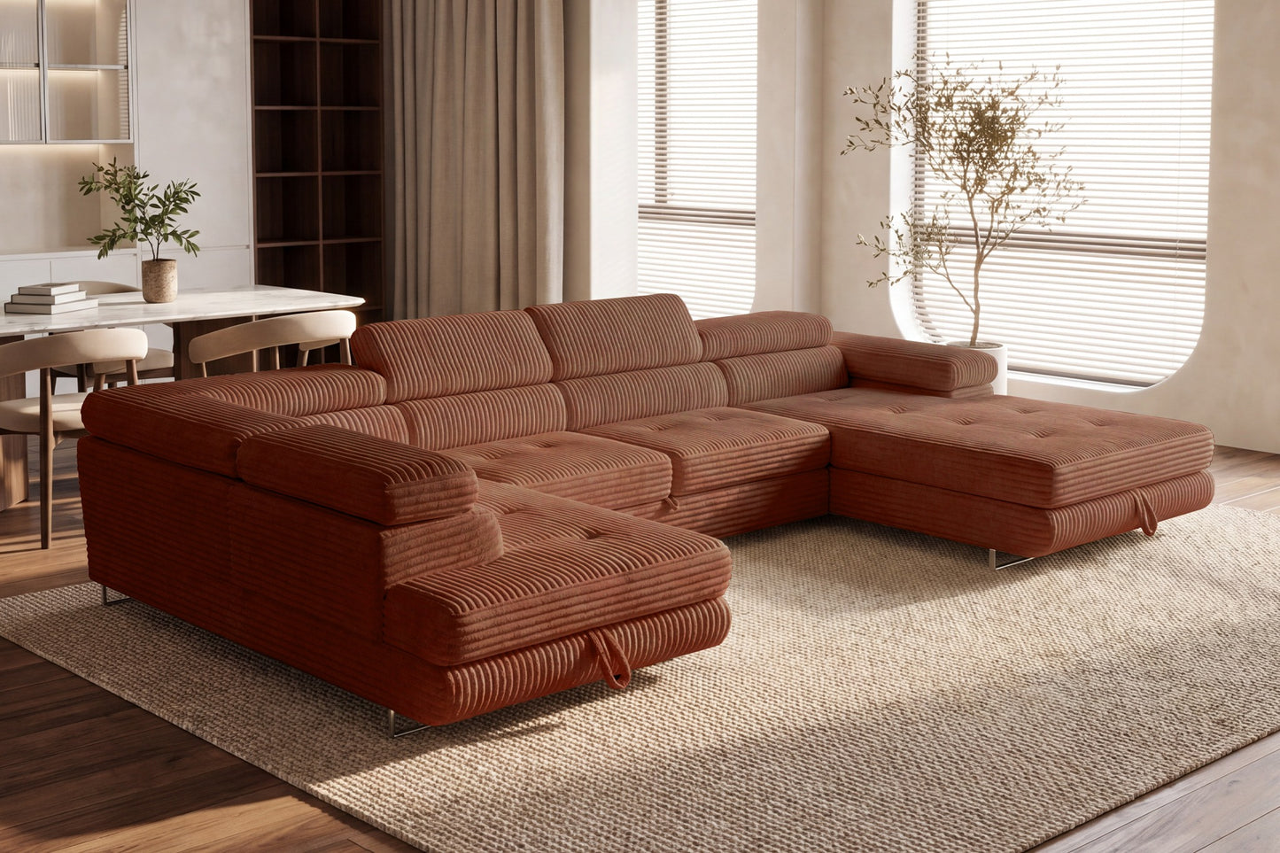 Wohnlandschaft Cordo U XXL U-Form Sofa mit Schlaffunktion & 2 Bettkästen – Breitcord Tilia Terrakotta– Ottomane Links