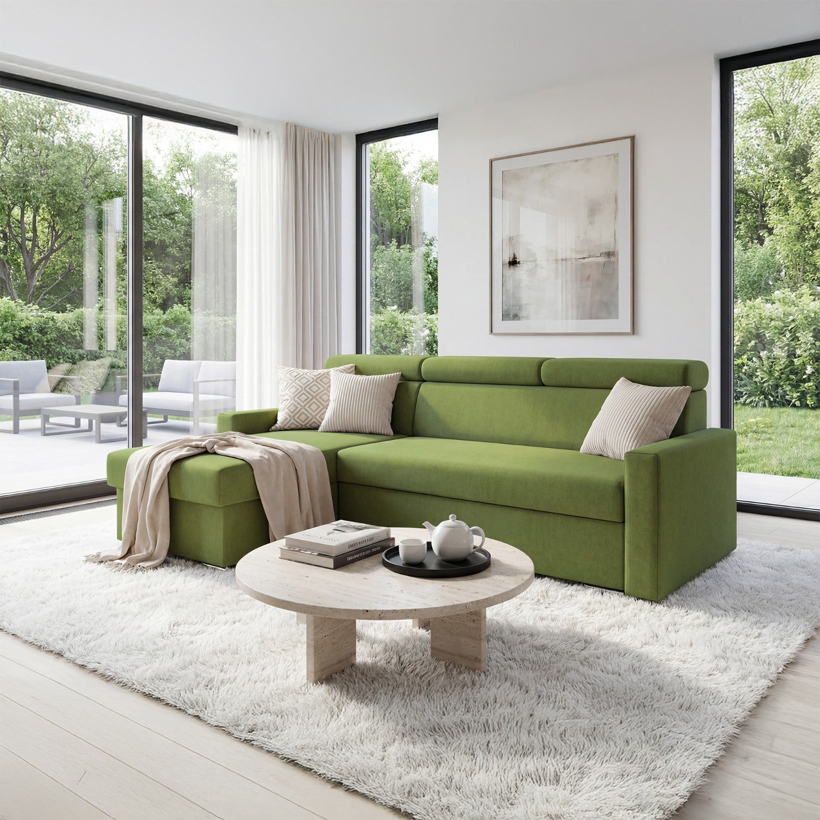 Ecksofa Vega L mit Schlaffunktion & Bettkasten – Samtstoff Best Grün – Zero-Wall Design wandbündig – L-förmiges Sofa freistehend