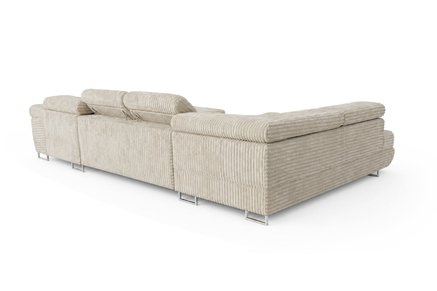 Wohnlandschaft Cordo U XXL U-förmiges Sofa mit Schlaffunktion & 2 Bettkästen – Breitcord Tilia Creme – Ottomane links