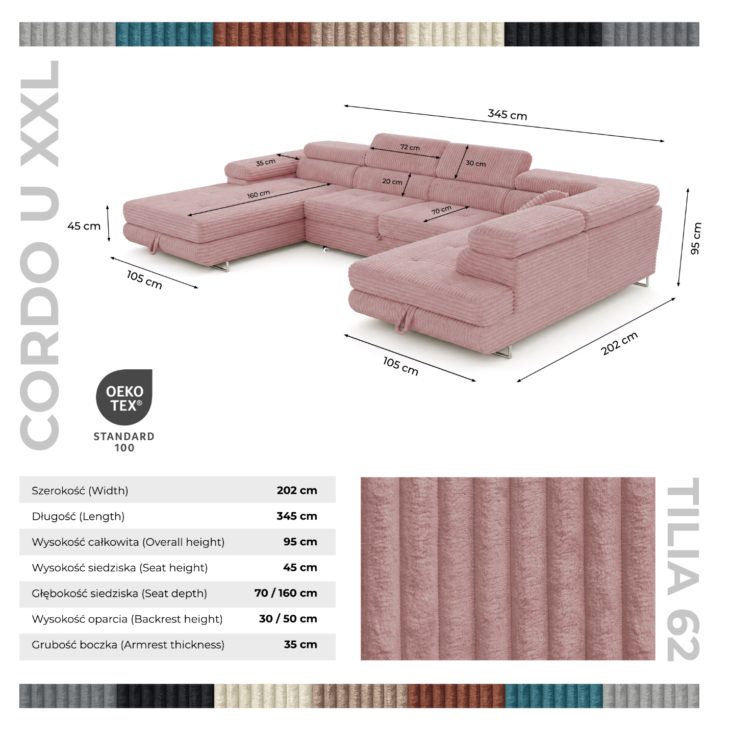 Wohnlandschaft Cordo U XXL U-förmiges Sofa mit Schlaffunktion & 2 Bettkästen – Breitcord Tilia Altrosa – Ottomane Rechts
