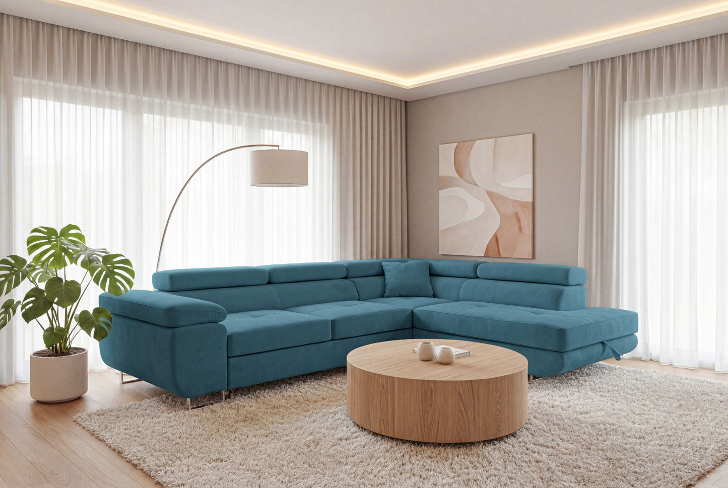 Ecksofa Luca L-Form Türkis Stoff Element 14 Rechte Ottomane mit Schlaffunktion & Bettkasten