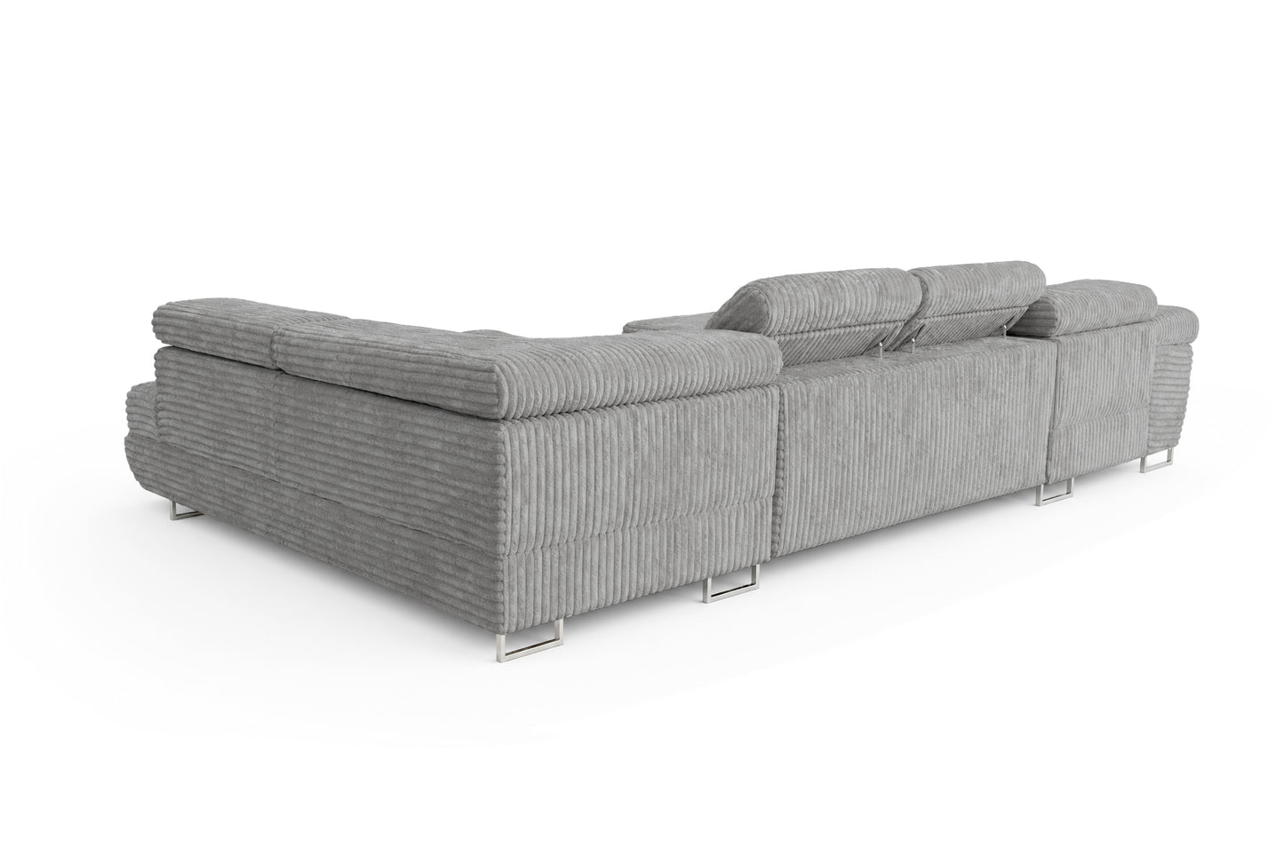 Wohnlandschaft Cordo U XXL U-Form Sofa mit Schlaffunktion & 2 Bettkästen – Breitcord Tilia Hellgrau– Ottomane Rechts