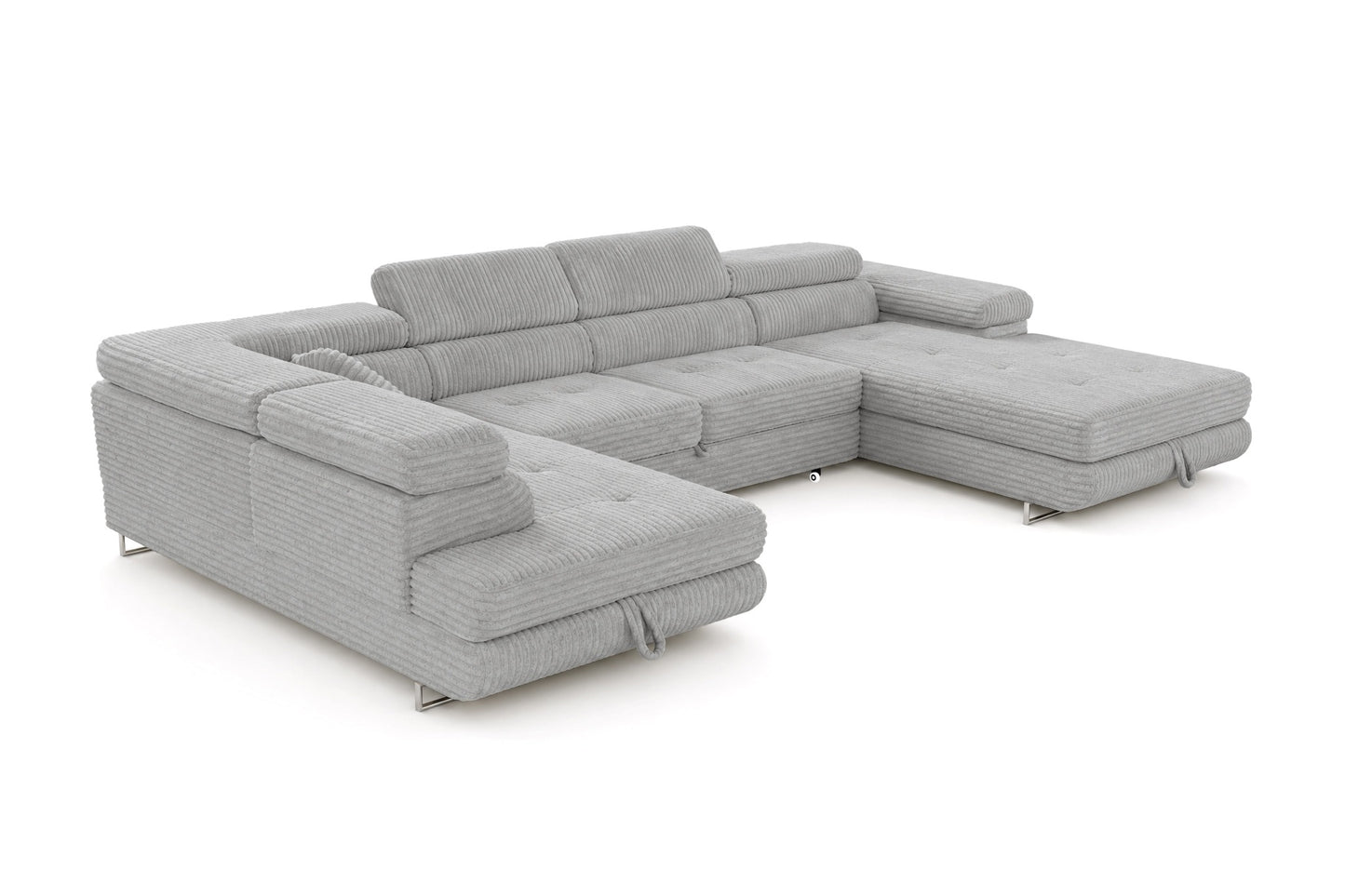 Wohnlandschaft Cordo U XXL U-Form Sofa mit Schlaffunktion & 2 Bettkästen – Breitcord Tilia Hellgrau– Ottomane Links