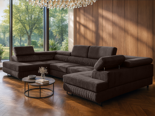 Große U-Form Schlafsofa mit Bettkasten & Agmamito Element Bezug, Dunkelbraun Magnum U Sofiland