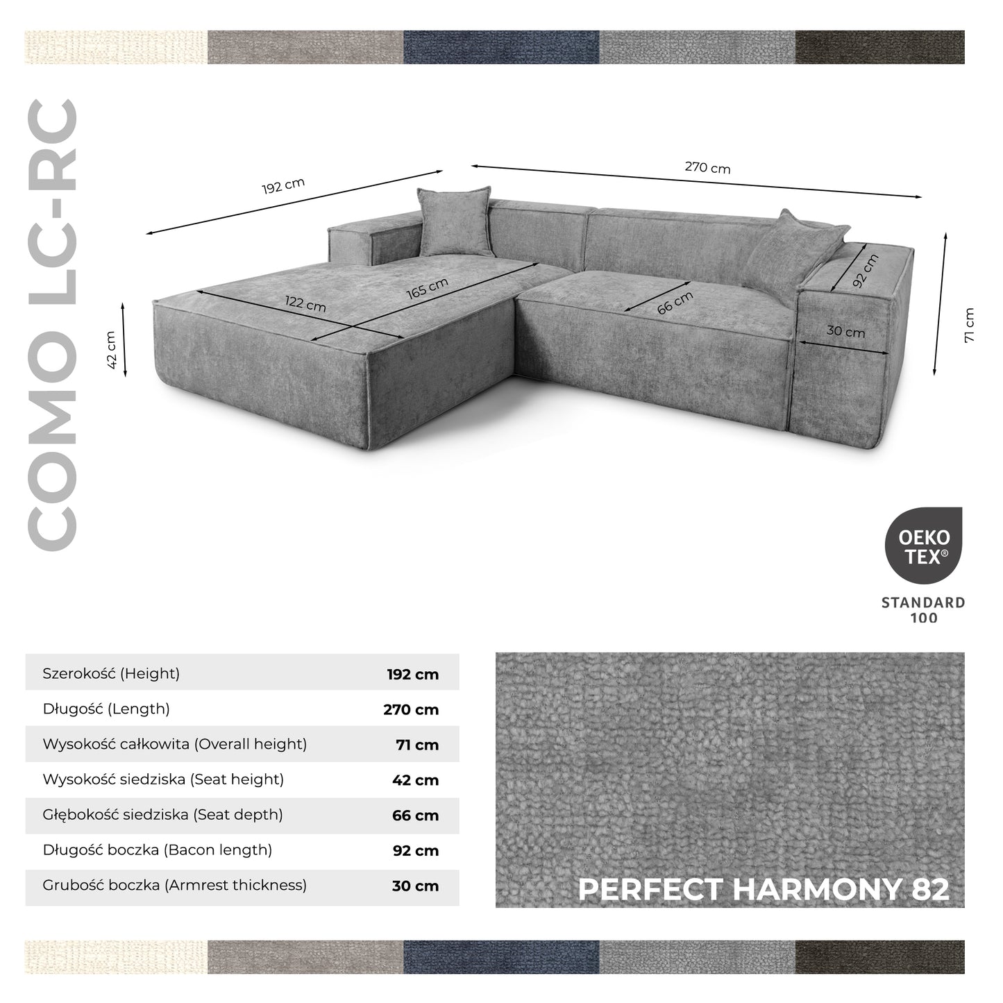 Design-Ecksofa Como LC/RC 192x270 cm – Luxus Lounge L-Form Perfect Harmony 82 Grau – Strukturstoff Modern & Robust
