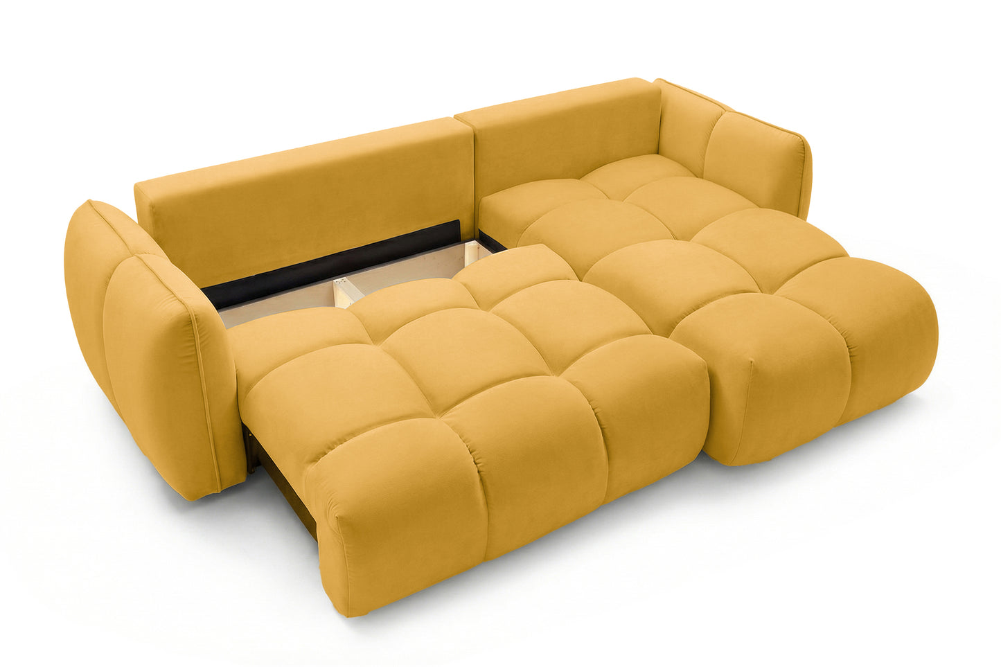 Ecksofa BELVEO mit Schlaffunktion und Bettkasten L-Form Ausrichtung Rechts Stoff Bluvel 68 Gelb